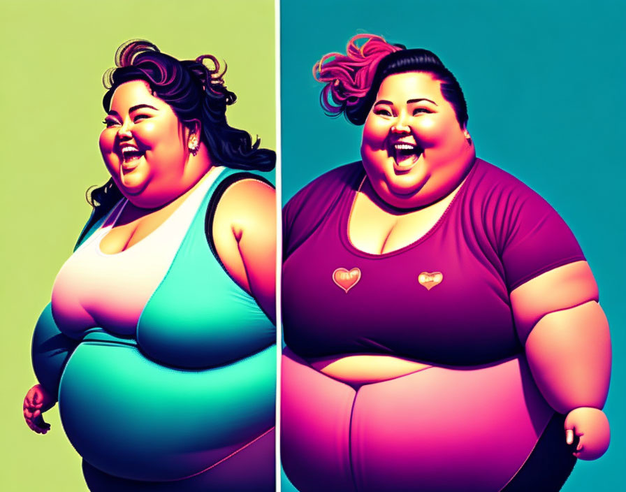 Stylized split-image of plus-size woman in colorful outfit