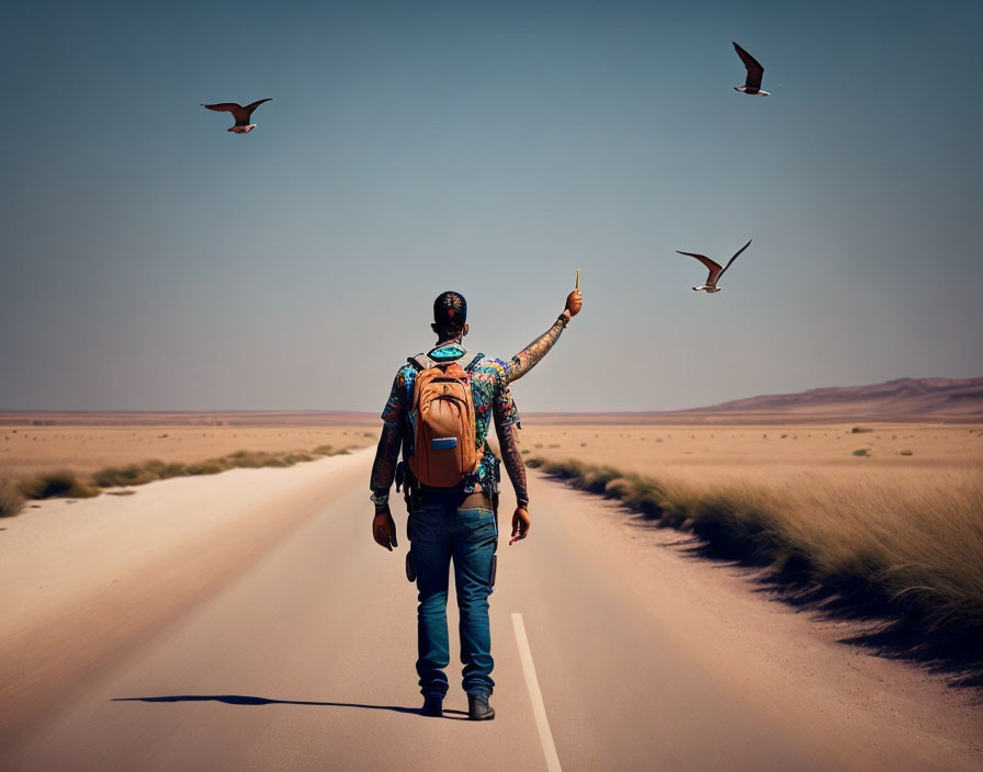Person with backpack pointing at flying birds in desert landscape