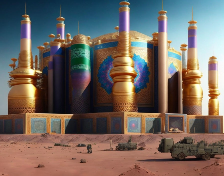 Futuristic desert palace with gold and blue domes, soldiers, military vehicle