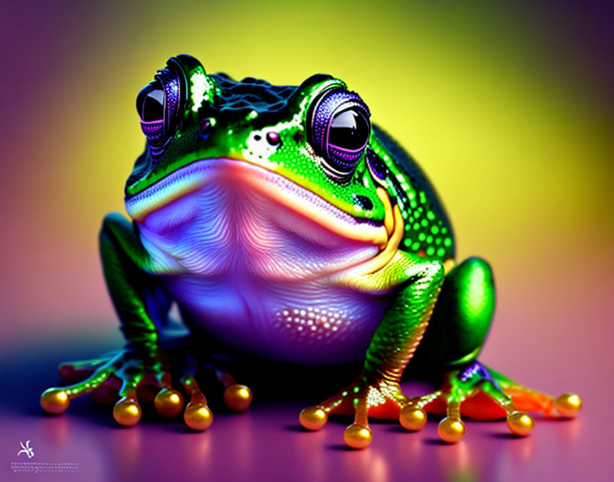 Vibrant frog illustration with exaggerated features on gradient backdrop