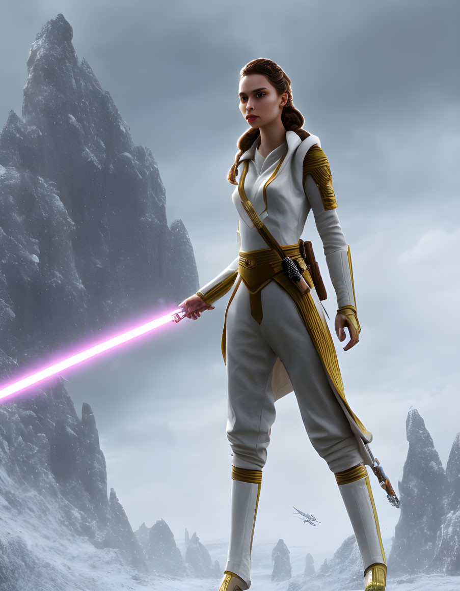 Female warrior with lightsaber in snowy mountain sci-fi fantasy.