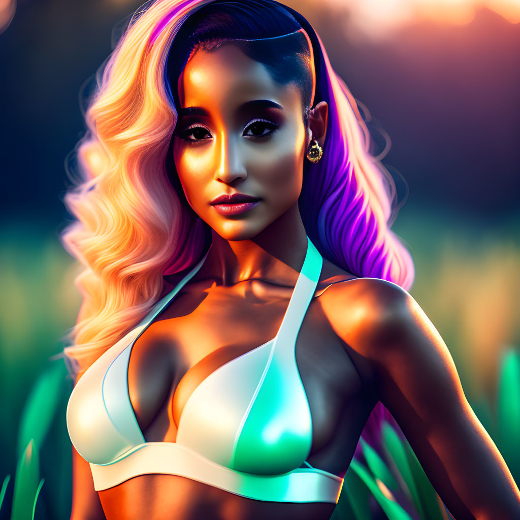 Colorful woman with flowing hair in twilight field, glowing neon reflections