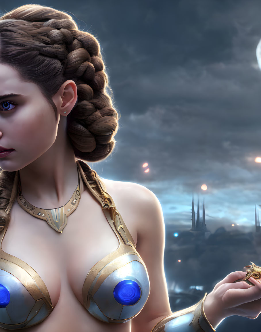 Braided hair woman in golden armor with glowing object in mystical cityscape