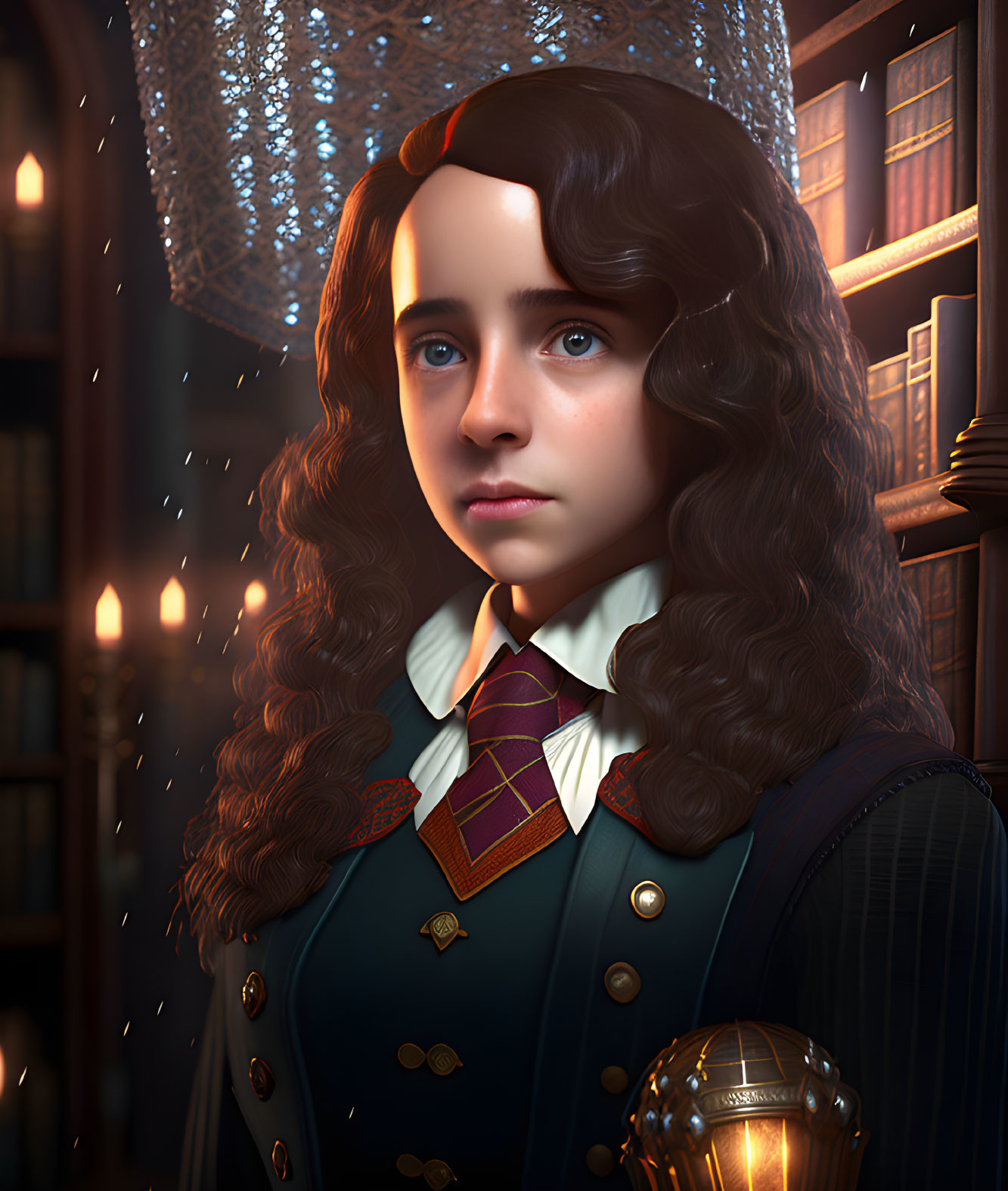 Young girl in Hogwarts uniform in magical library setting