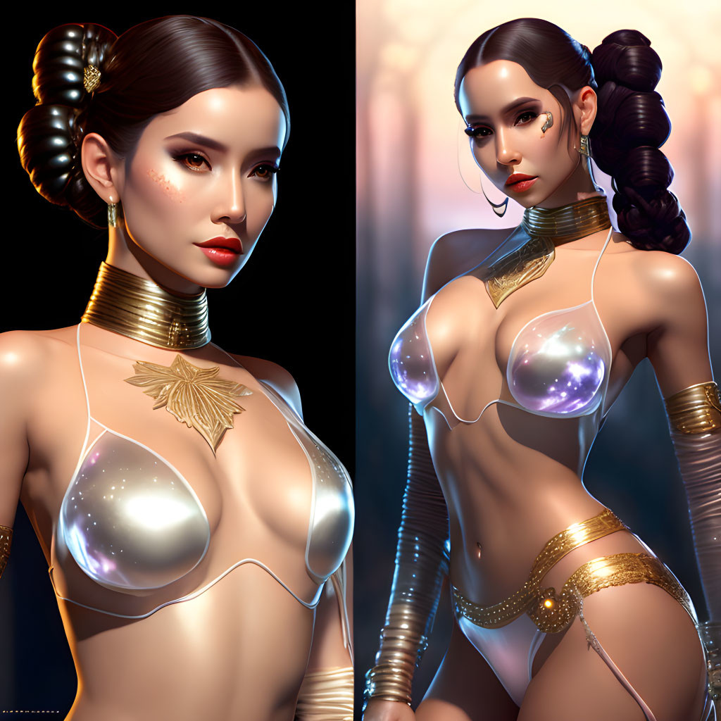 Futuristic female character with translucent clothing and gold accessories