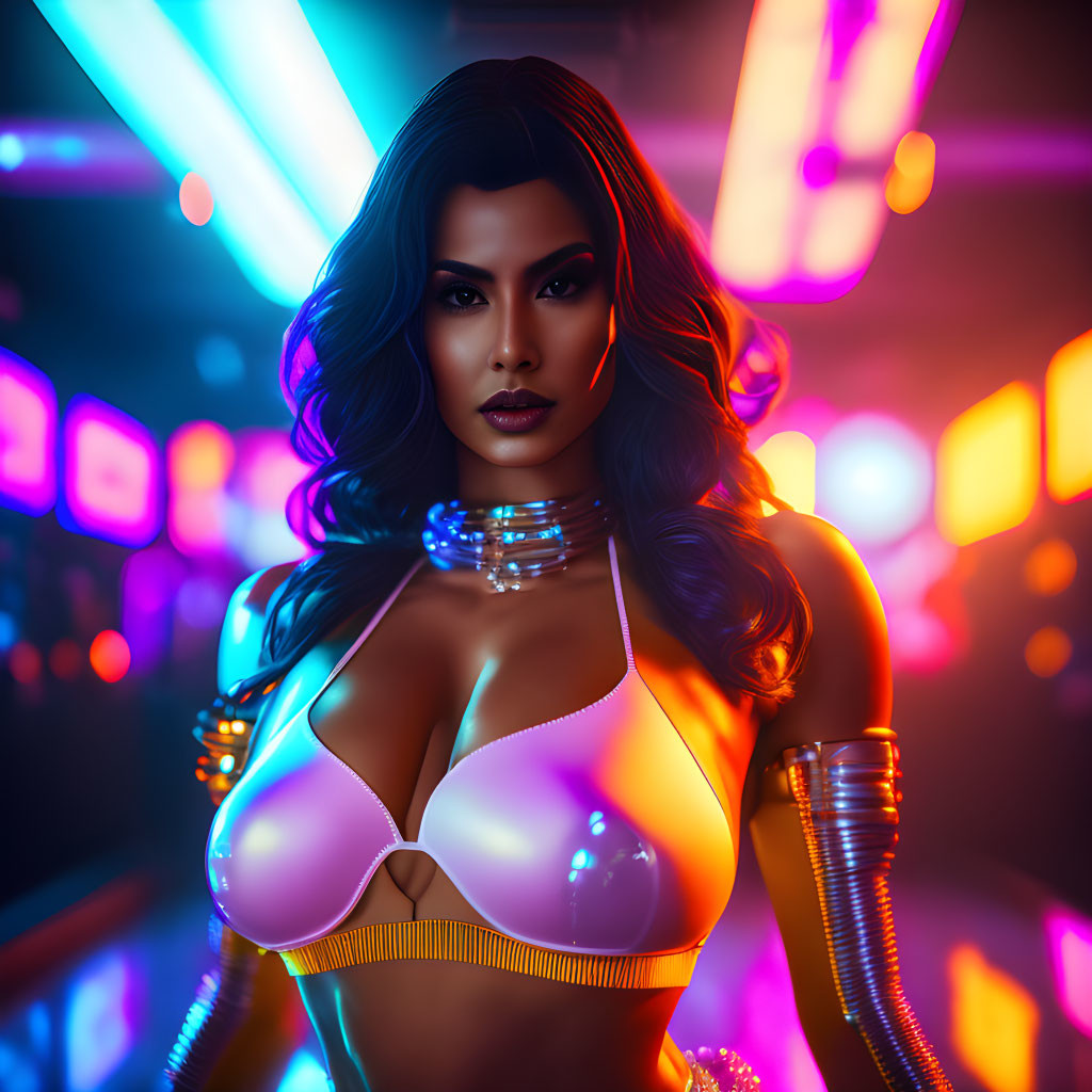 Female character with cybernetic enhancements in futuristic neon-lit scene