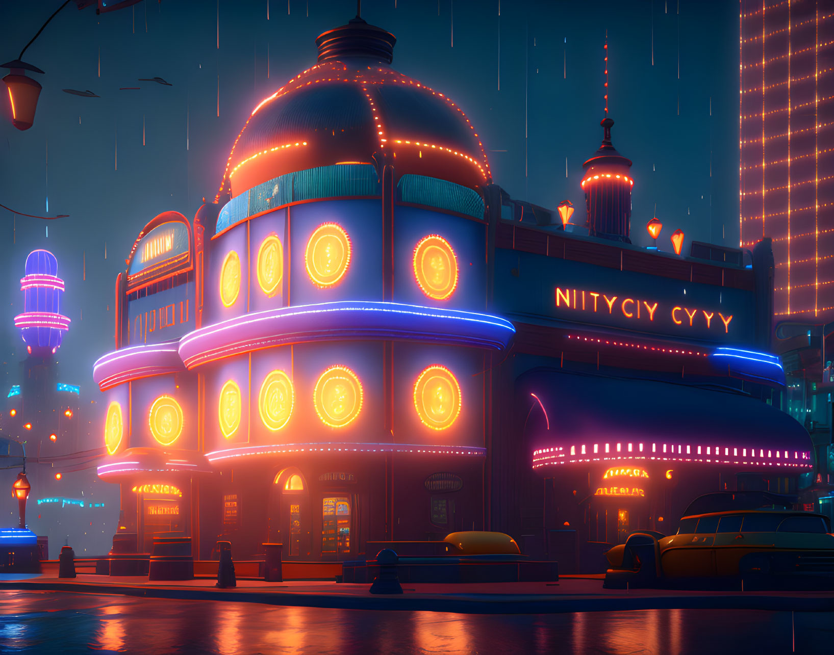 Futuristic Neon Cityscape with Dome Architecture and Vintage Cars at Night
