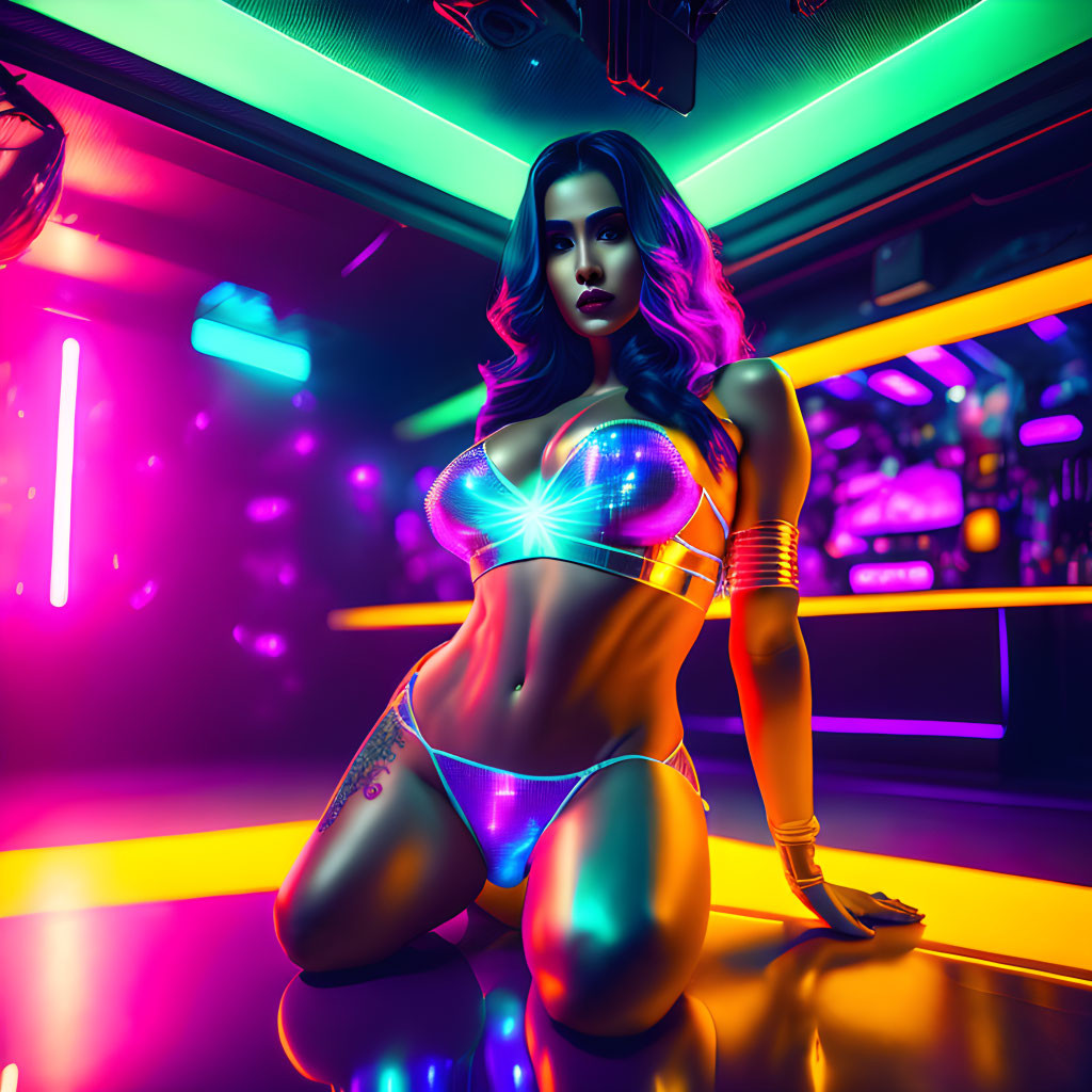Vibrant neon-lit woman in futuristic club with glowing attire