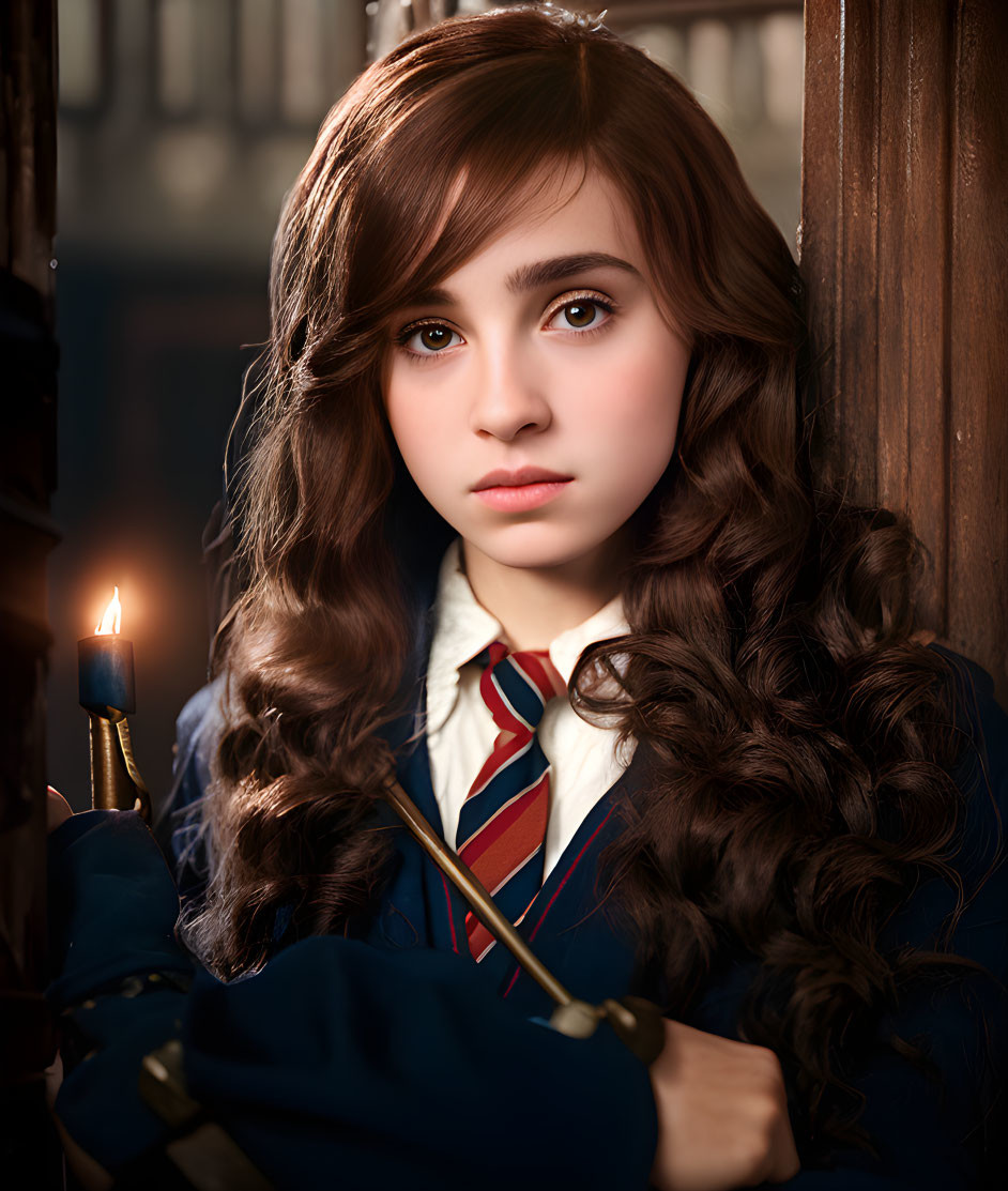 Young girl in school uniform with wand and candle, curly brown hair.