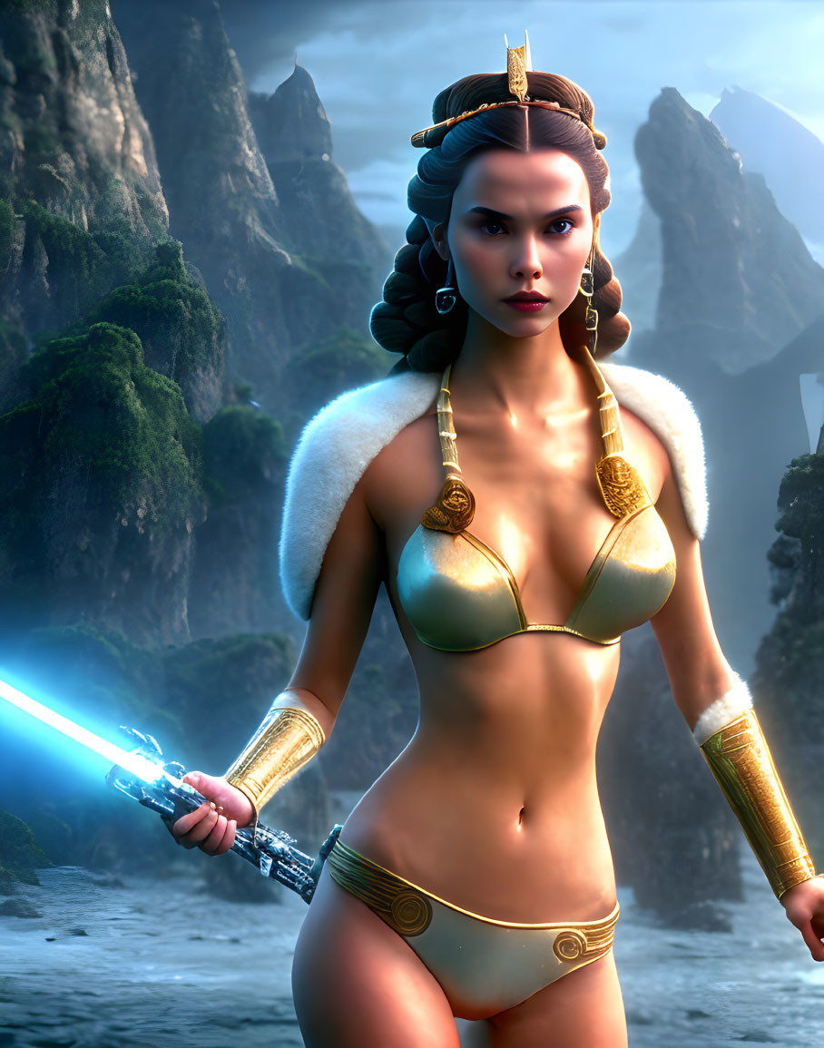 Sci-fi warrior woman with lightsaber in gold and white armor on mountainous landscape