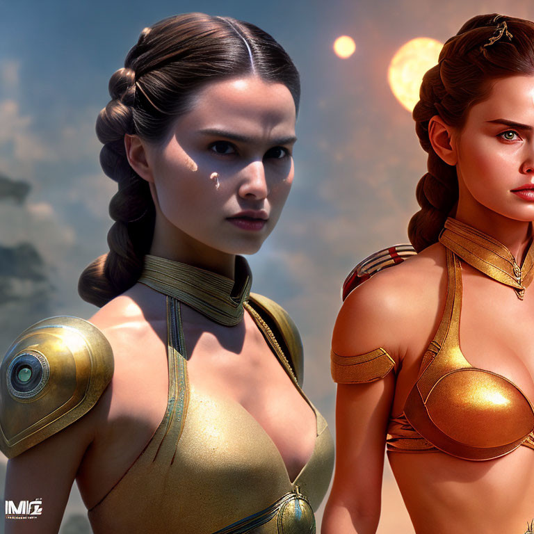 Digital artwork: Warrior woman with braided hair in gold armor under two suns
