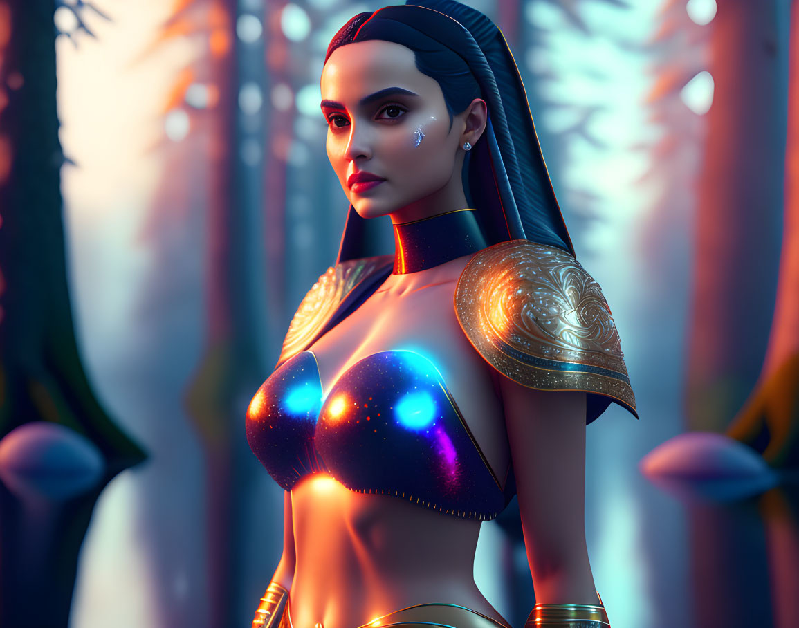 Warrior woman digital art portrait in futuristic golden armor