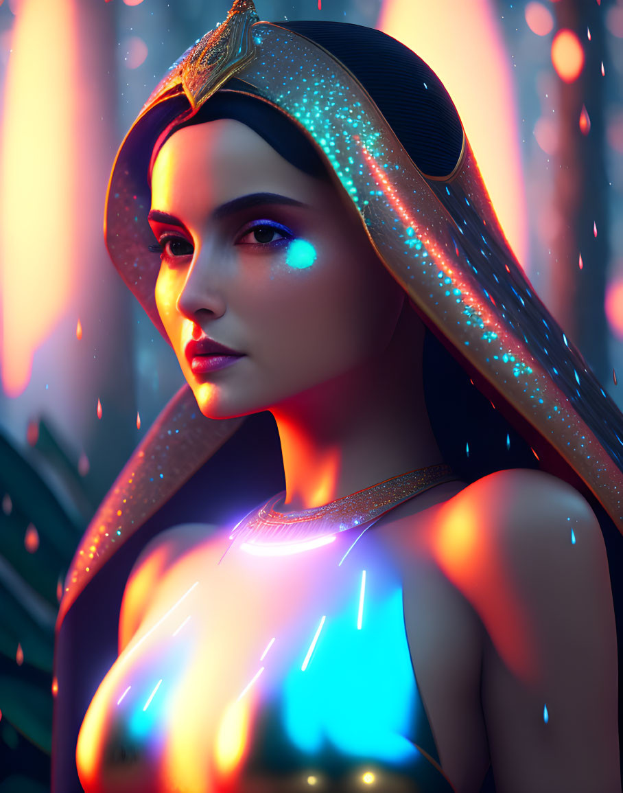 Female with illuminated headdress and glowing makeup in neon-lit setting.