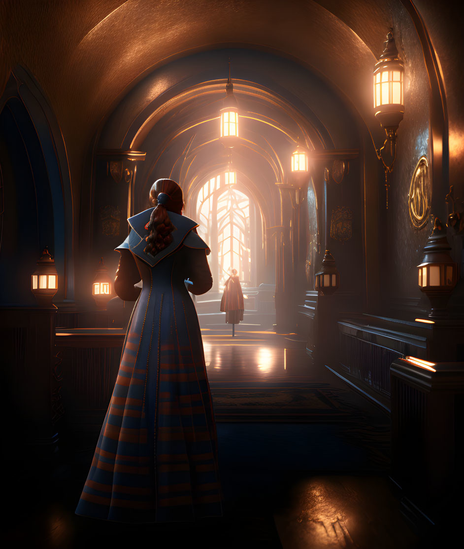 Victorian woman in dimly lit grand corridor with hanging lanterns