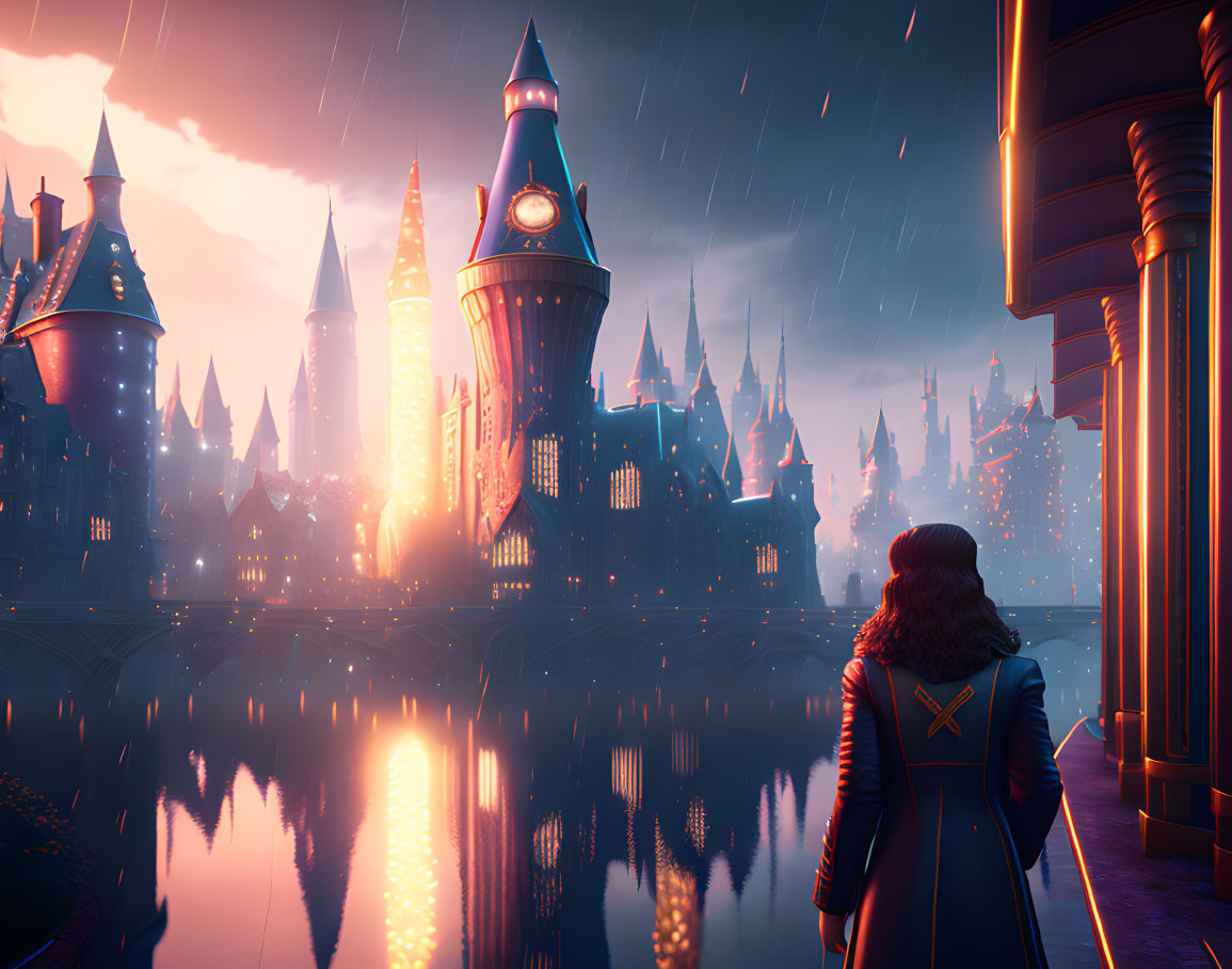 Person in Blue Coat Gazes at Magical Castle in Twilight Rain