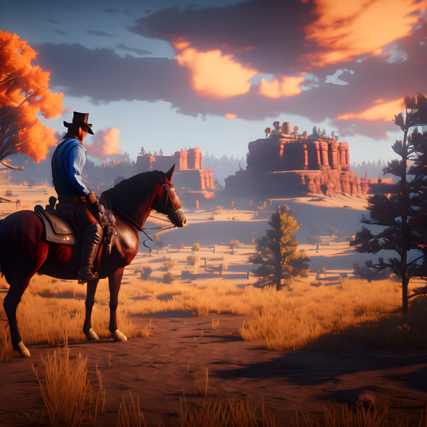 Cowboy on horseback admiring mesa at sunset in western landscape