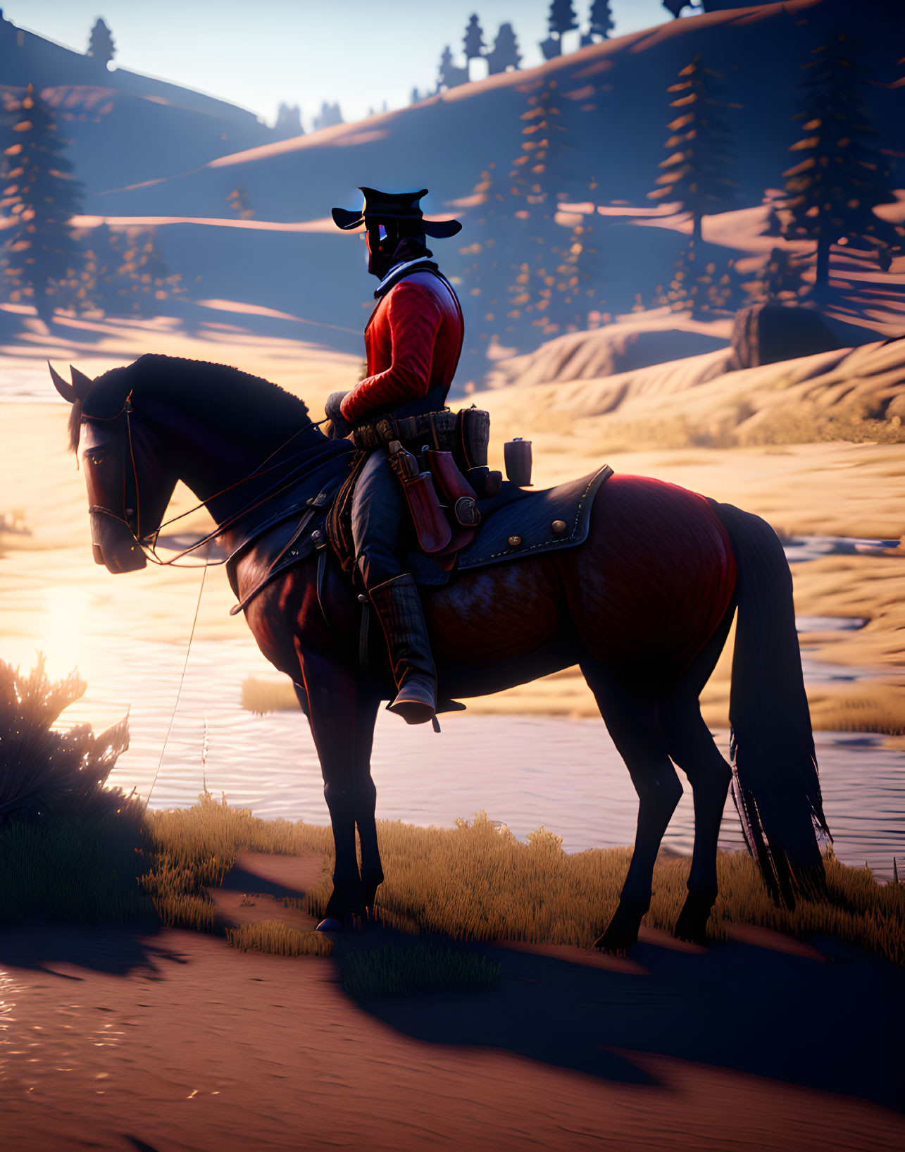 Soldier on Horseback by River at Sunset