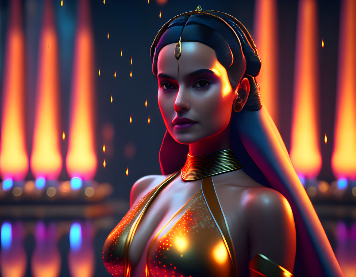 Futuristic digital artwork: Female character with exotic jewelry and glowing attire in fiery backdrop