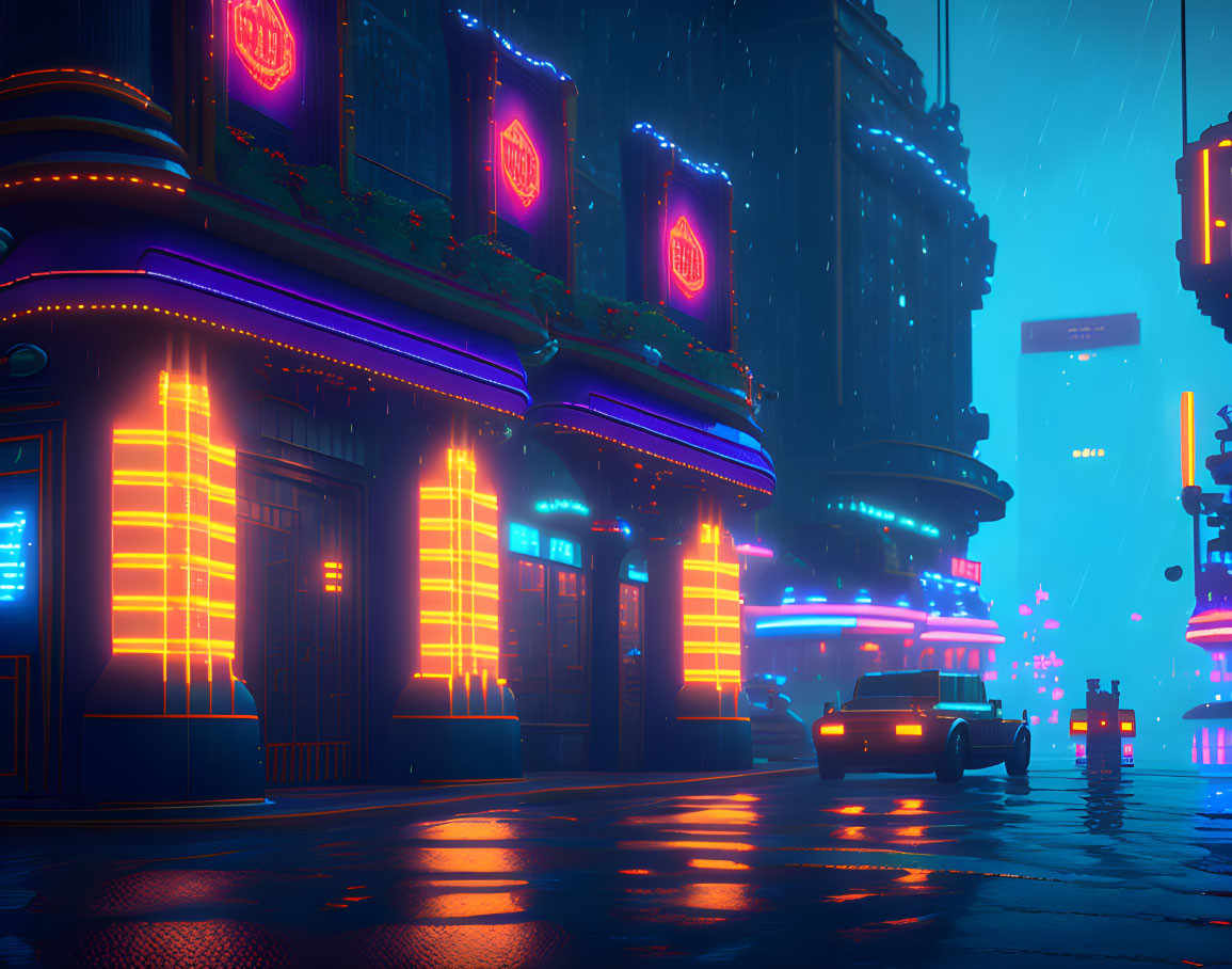 Futuristic neon-lit cityscape with flying vehicle and wet streets