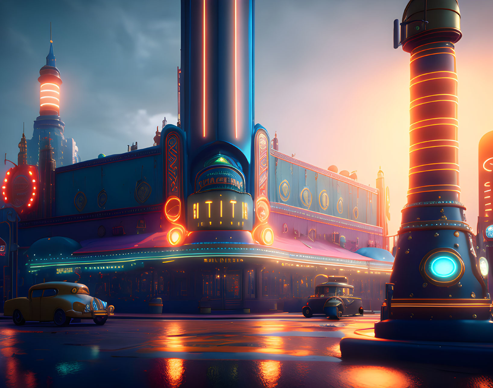 Futuristic cityscape with neon lights, art deco buildings, vintage cars, and skyscrapers