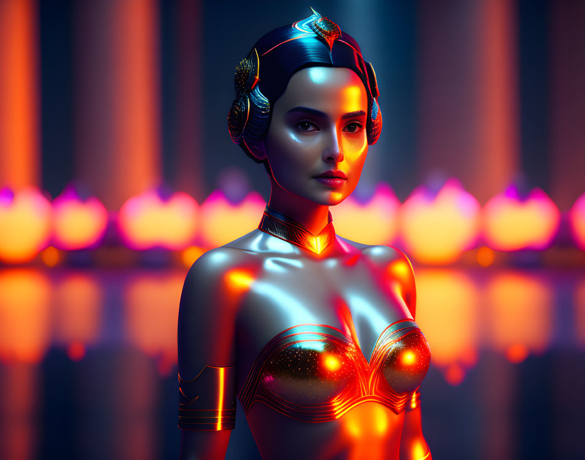 Futuristic female figure in illuminated costume against neon backdrop