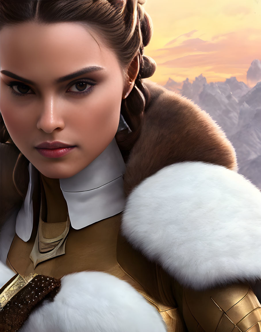 Digital portrait of woman in leather outfit against mountain backdrop