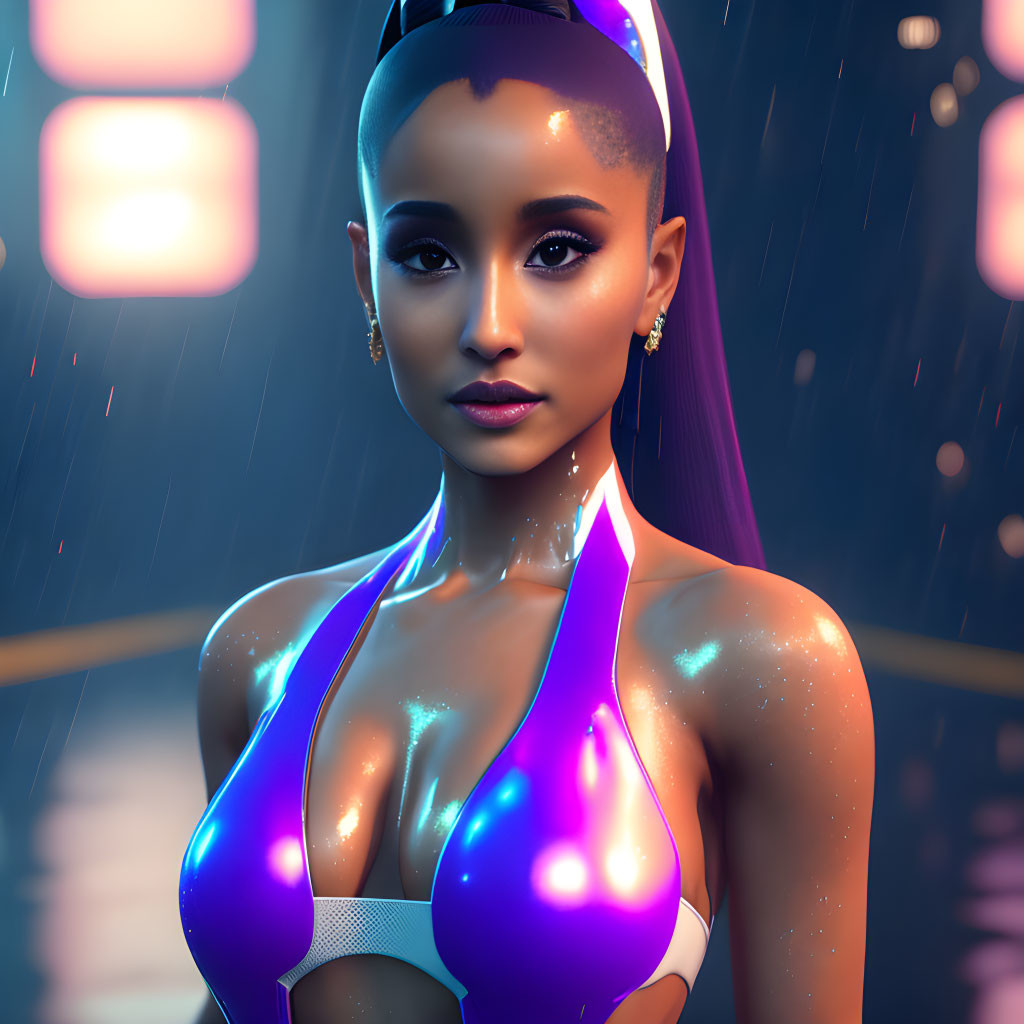 3D Rendered Image: Woman in Ponytail & Shiny Swimsuit