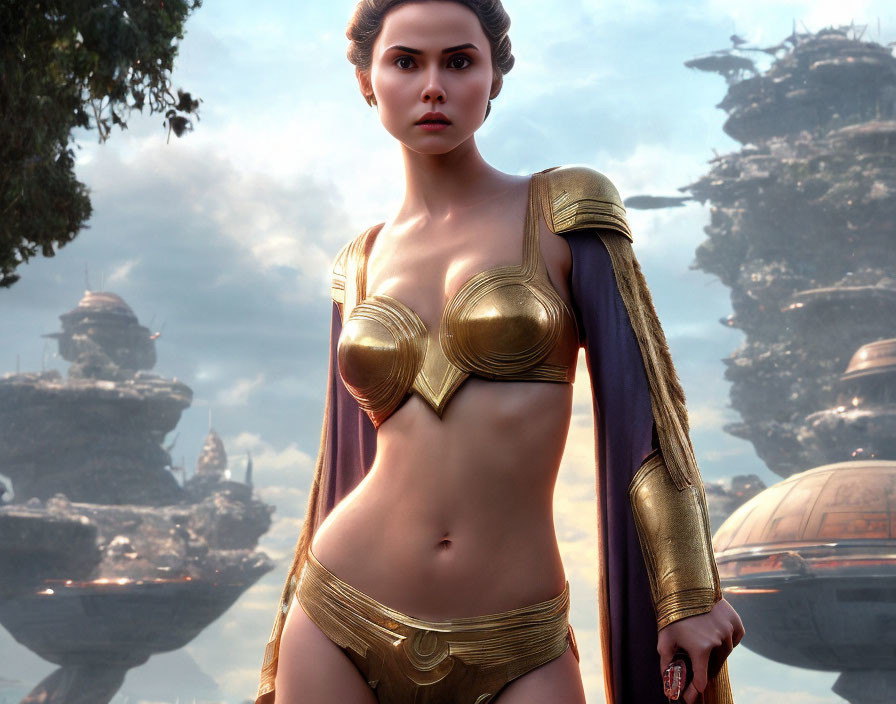 Sci-fi digital artwork: Woman in golden armor, futuristic cityscape.