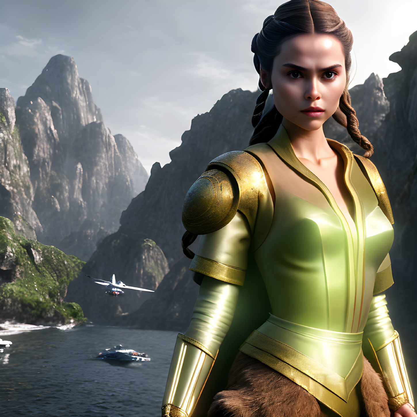 Female warrior in green and gold suit by rocky coast with jets flying overhead