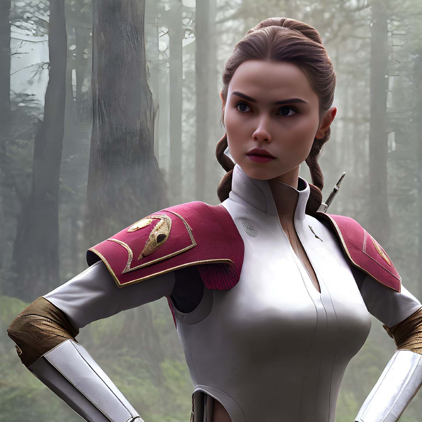 3D animated female character in futuristic outfit in misty forest