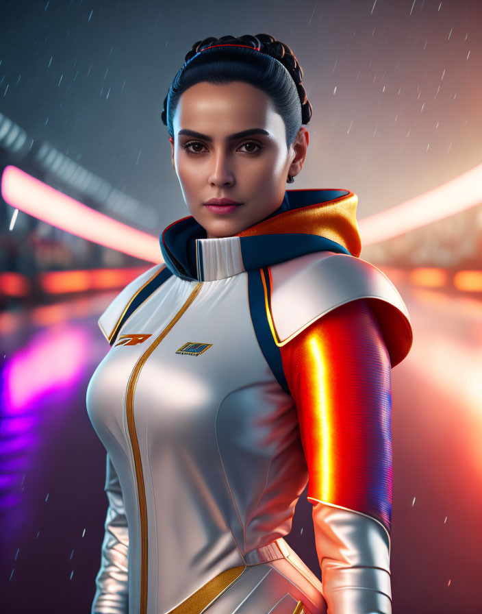Futuristic woman in white and gold costume with blue accents against neon lights and rain