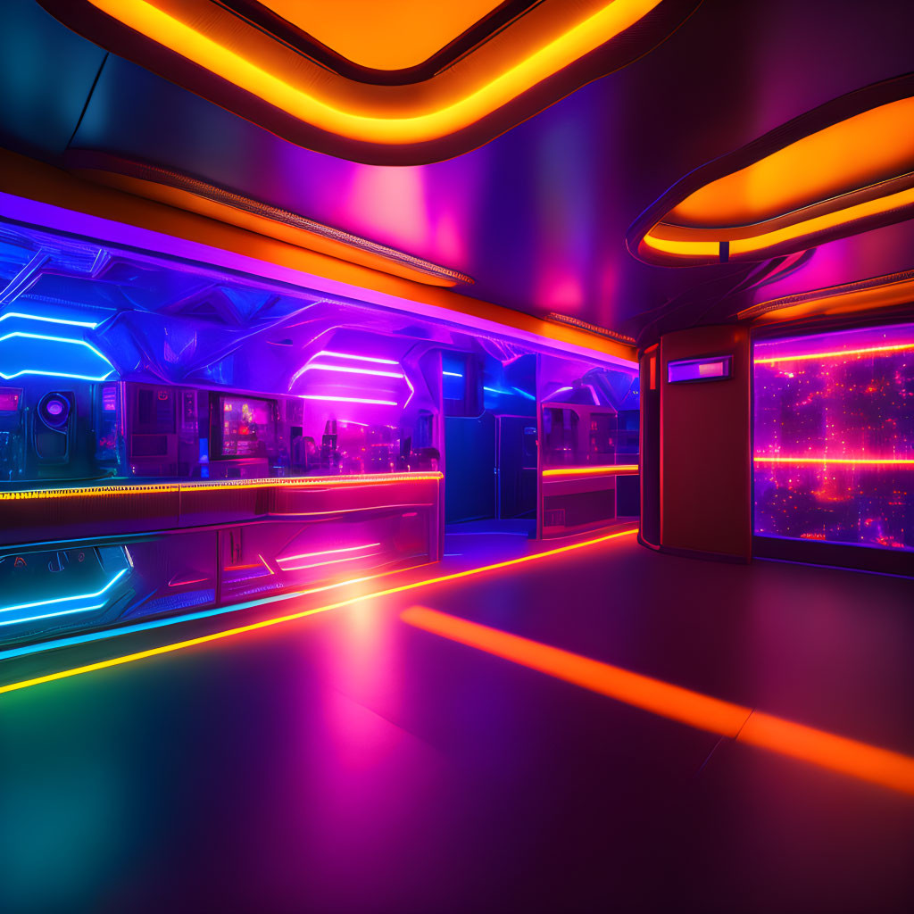 Futuristic neon-lit interior with glowing purple, blue, and orange accents and space views