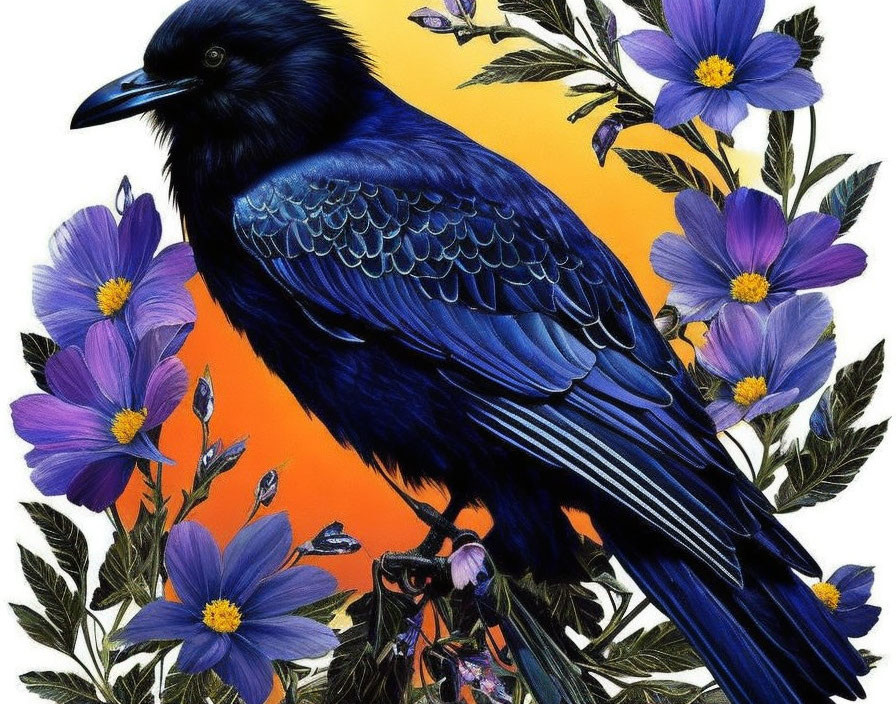 Detailed Illustration: Black Raven Among Purple Flowers on Orange Background