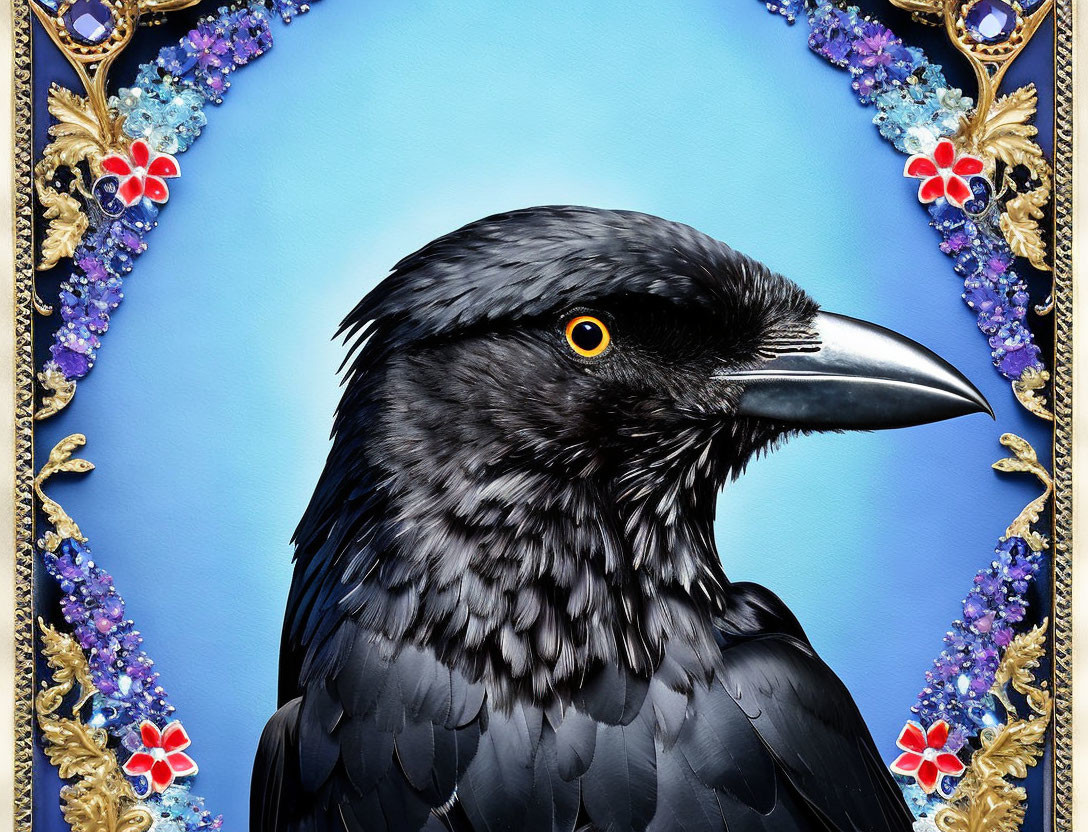 Detailed Close-Up of Raven in Ornate Golden Frame with Floral Motifs