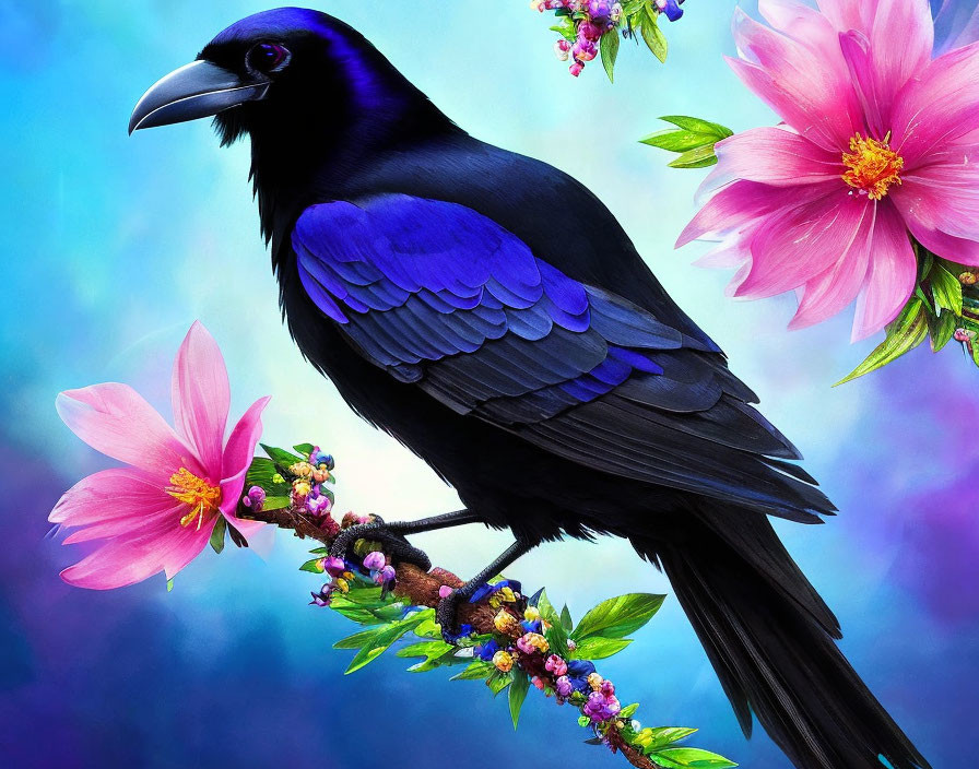 Raven with flowers