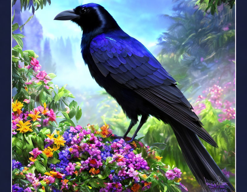 Colorful flowers and black raven on branch in mystical forest