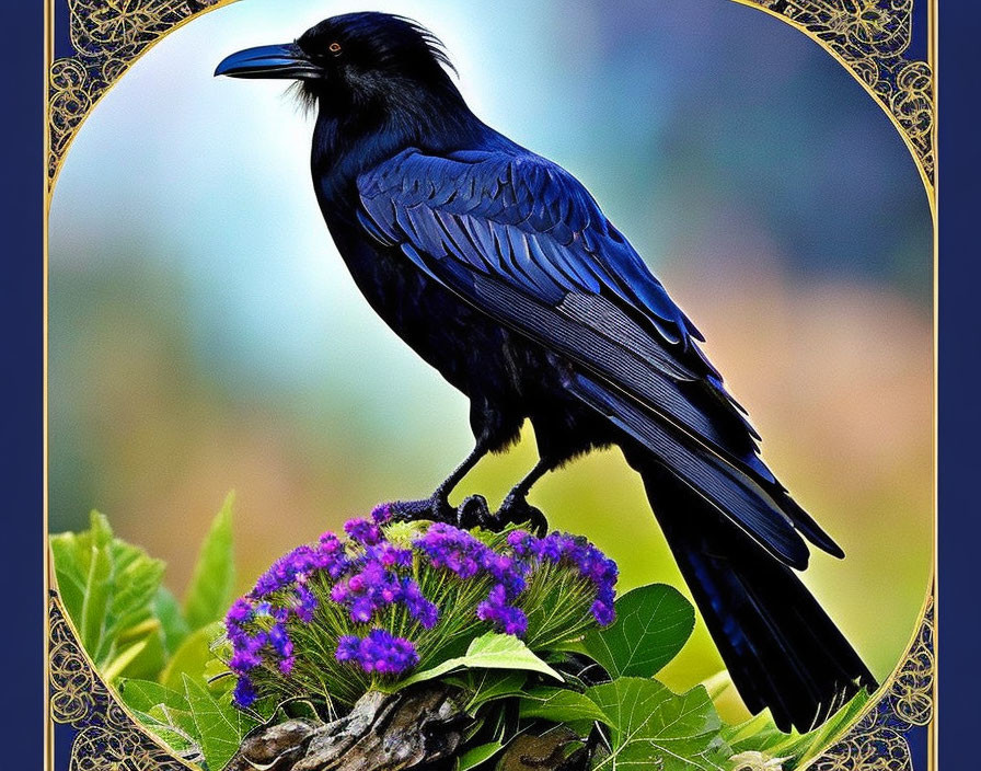 Black crow on purple flowers with golden frame in blurred background