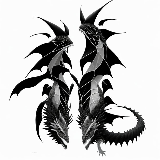 Symmetric Black and White Dragons with Wing and Scale Patterns
