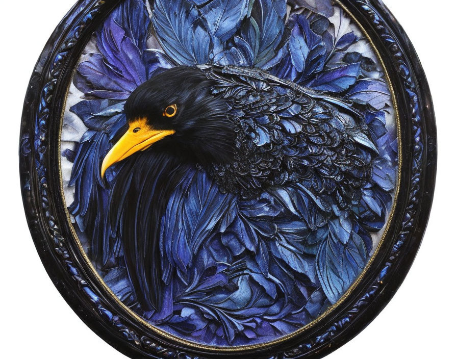 Detailed Blackbird Artwork with Yellow Beak and Blue Petals in Oval Frame