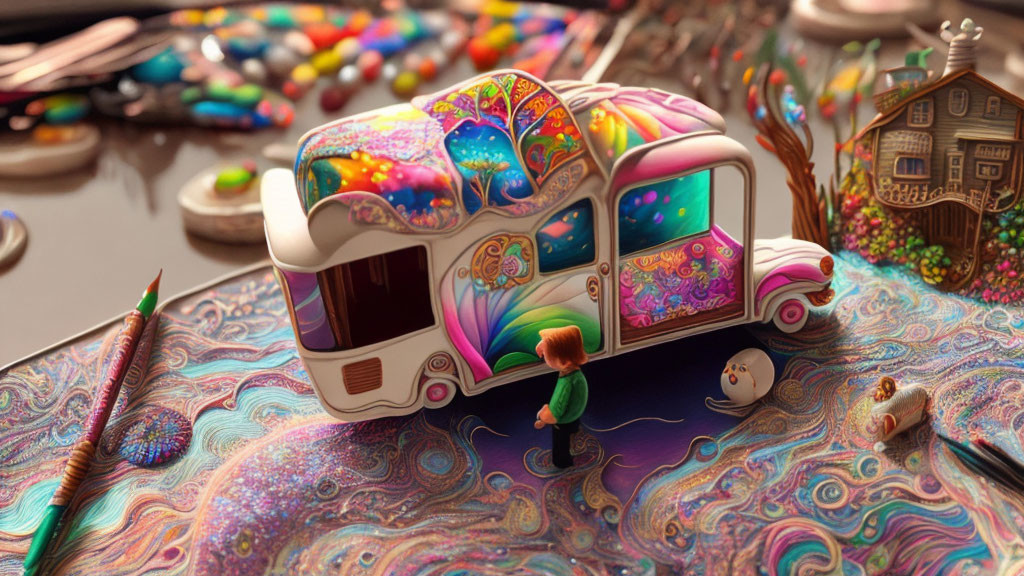 Colorful Psychedelic Illustration of Child and Bus with Whimsical Details
