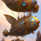Intricate steampunk airship flies above figure on rocky outcrop