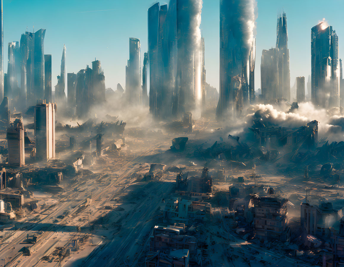 Desolate post-apocalyptic cityscape with crumbling buildings and remnants of skyscrapers.