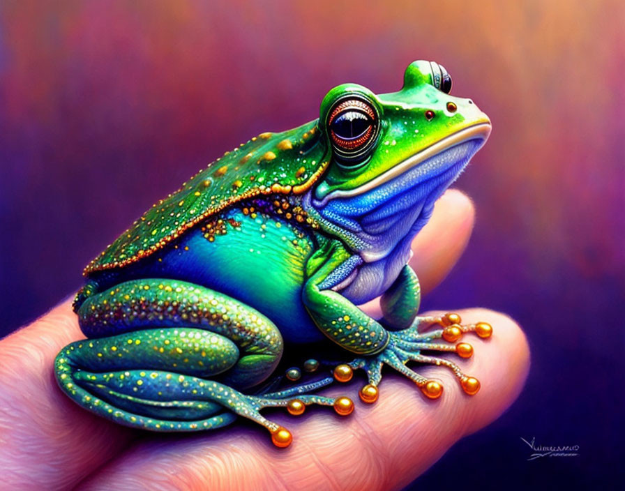 Colorful Frog Perched on Hand Against Purple Background