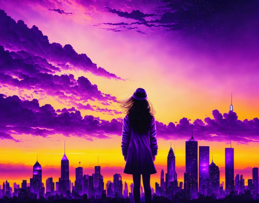 Silhouette of figure against vibrant purple sunset and city skyline.