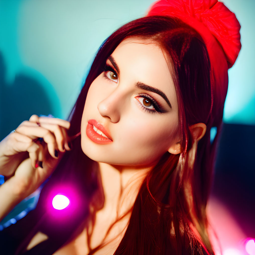 Portrait of woman with red hair accessory and winged eyeliner under colorful lights