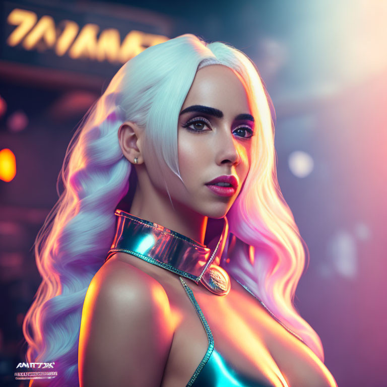 White-haired woman with pink highlights, dramatic makeup, metallic choker, neon-lit backdrop