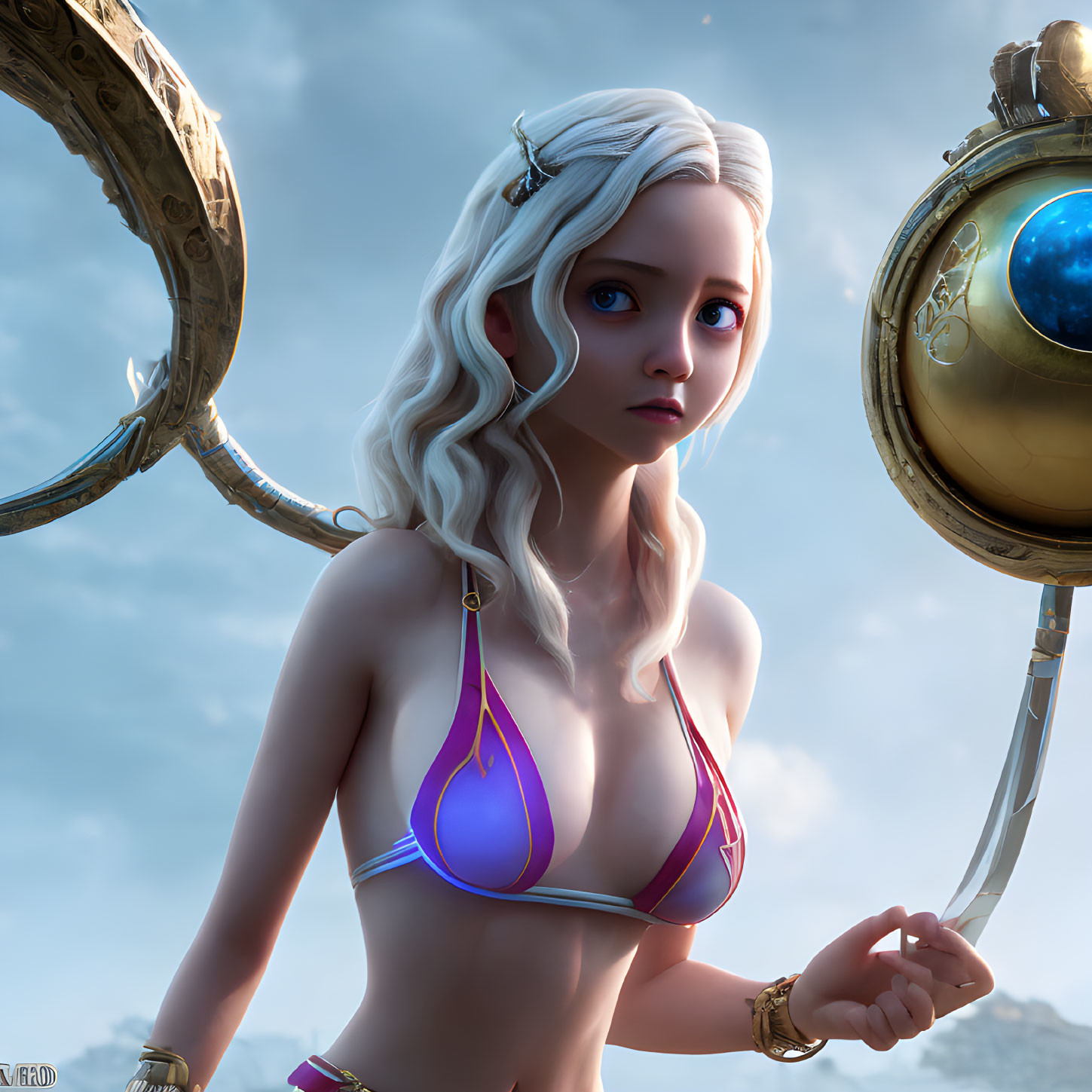 Fantasy-themed digital art of female character with white hair and glowing orb