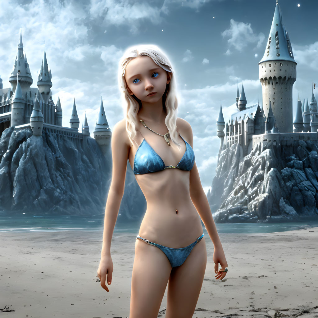 Digital artwork: Young woman in blue bikini at fantasy castle