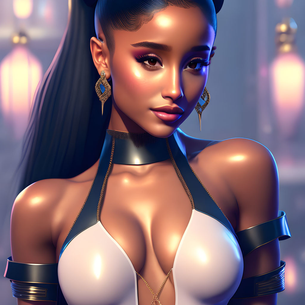 Digital 3D illustration of woman in ponytail, white top, earrings, and choker on