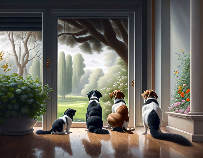 Four pets - three dogs and a cat - looking at lush garden with trees and flowers